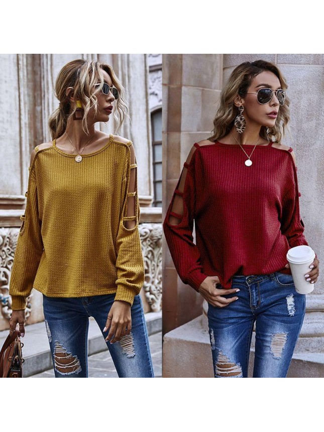 Original design solid color sweater hollow long sleeved loose  shirt