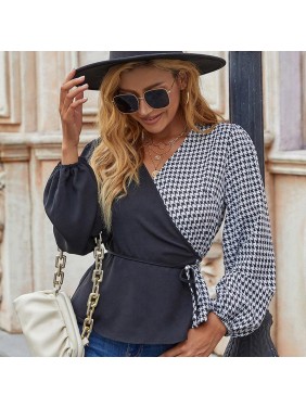 Splicing plaid tops waist bubble sleeve long sleeve T shirt