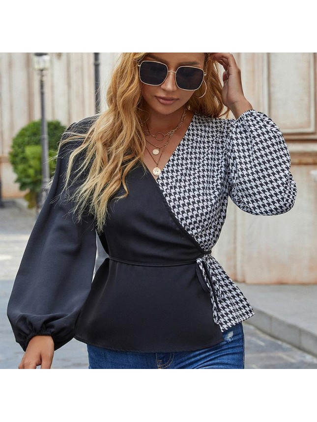 Splicing plaid tops waist bubble sleeve long sleeve T shirt