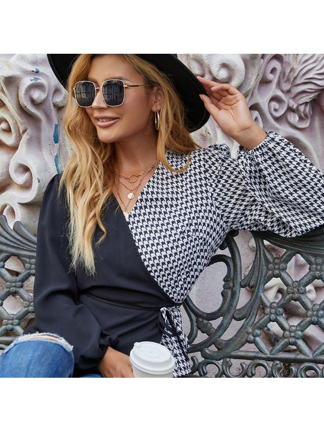 Splicing plaid tops waist bubble sleeve long sleeve T shirt