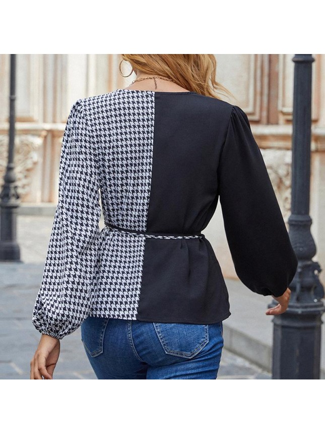 Splicing plaid tops waist bubble sleeve long sleeve T shirt