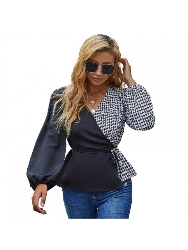 Splicing plaid tops waist bubble sleeve long sleeve T shirt