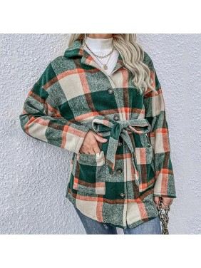Middle long lattice top loose long sleeve shirt jacket
