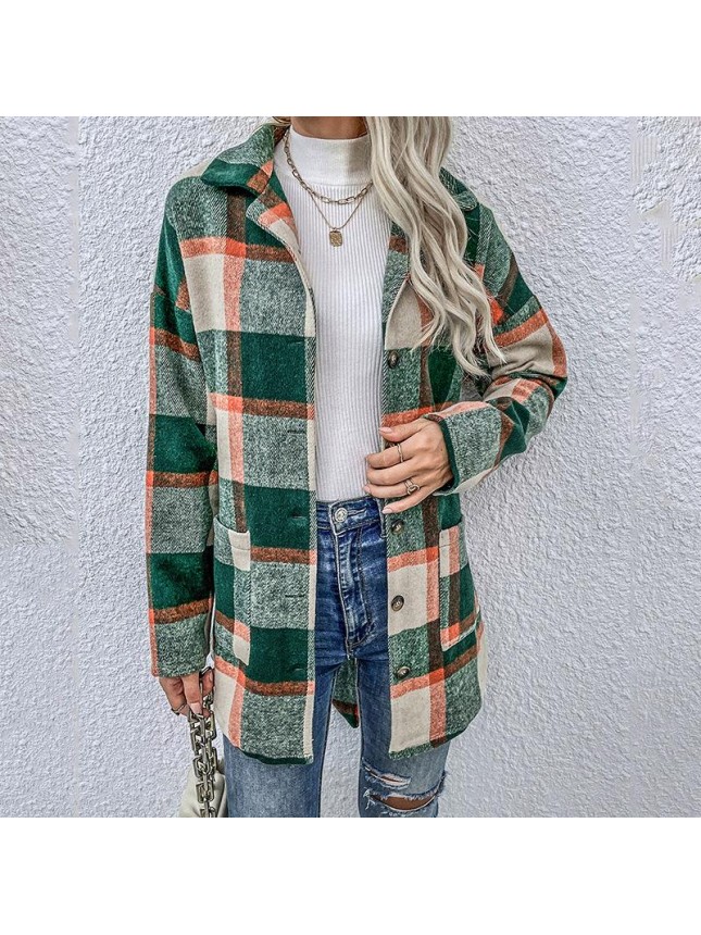 Middle long lattice top loose long sleeve shirt jacket