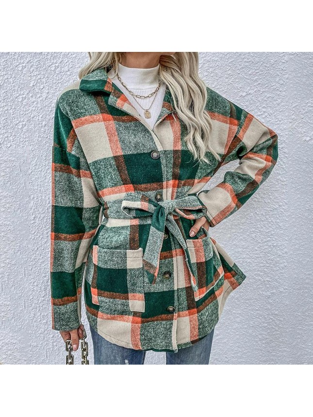 Middle long lattice top loose long sleeve shirt jacket