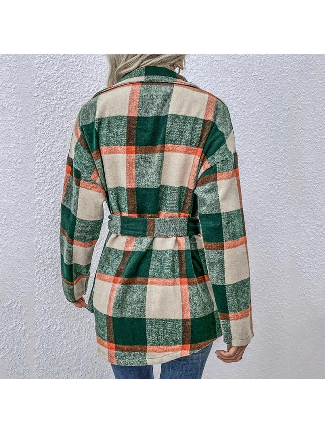 Middle long lattice top loose long sleeve shirt jacket