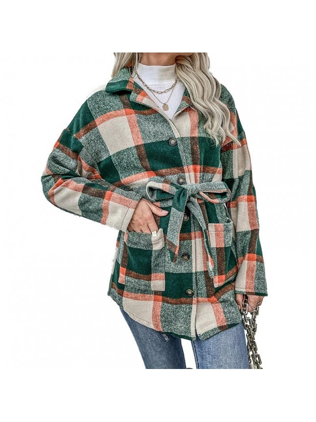 Middle long lattice top loose long sleeve shirt jacket