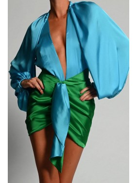 Two Tone Balloon Sleeve Ruched High Waist Satin Mini Two Piece Dress – Blue