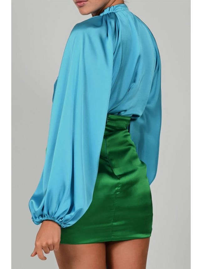 Two Tone Balloon Sleeve Ruched High Waist Satin Mini Two Piece Dress – Blue