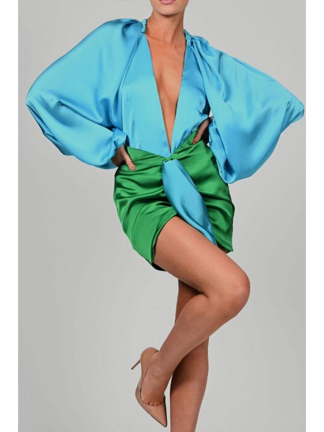 Two Tone Balloon Sleeve Ruched High Waist Satin Mini Two Piece Dress – Blue