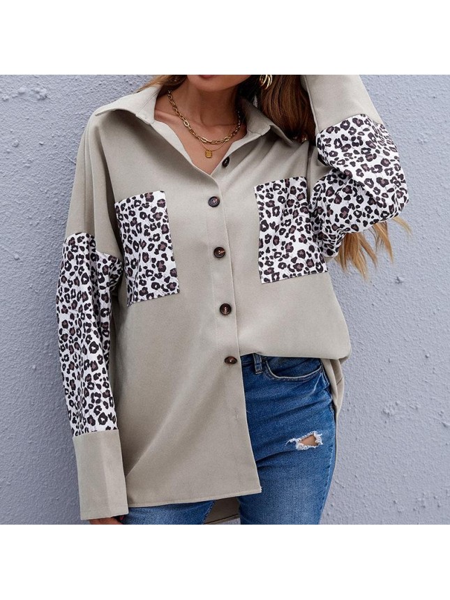 Shirt jacket lapel shirt splicing leopard long sleeved cardigan shirt
