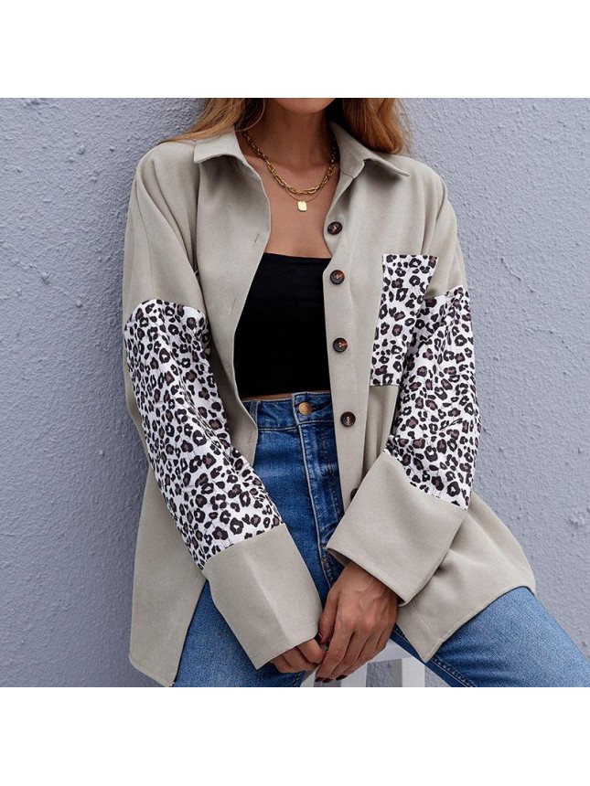 Shirt jacket lapel shirt splicing leopard long sleeved cardigan shirt