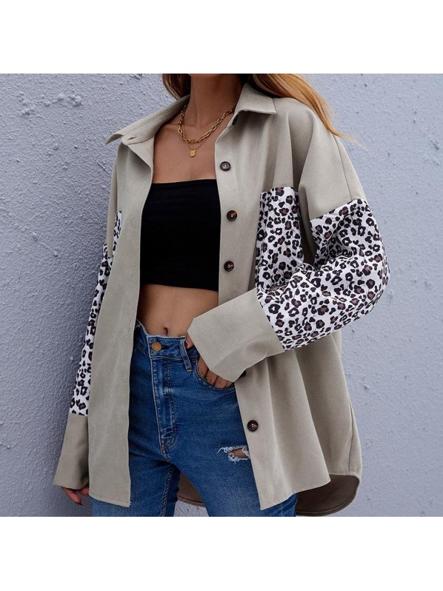 Shirt jacket lapel shirt splicing leopard long sleeved cardigan shirt