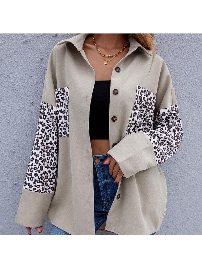 Shirt jacket lapel shirt splicing leopard long sleeved cardigan shirt