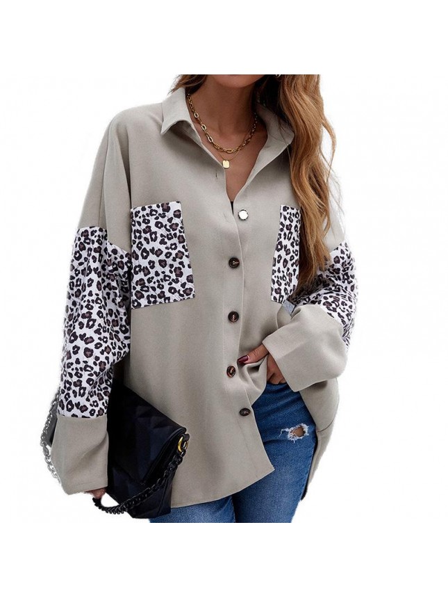 Shirt jacket lapel shirt splicing leopard long sleeved cardigan shirt