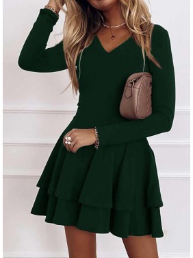 Long Sleeve Layered Ruffle Mini Dress – Emerald Green