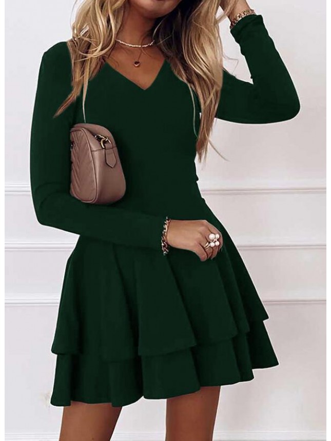 Long Sleeve Layered Ruffle Mini Dress – Emerald Green