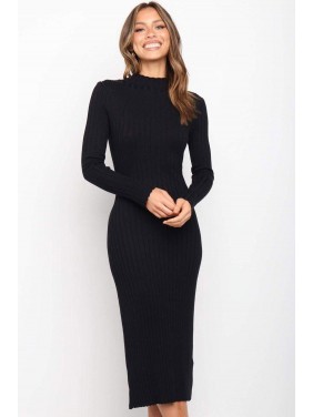Ribbed Mock Neck Winter Midi Sweater Dress – Black