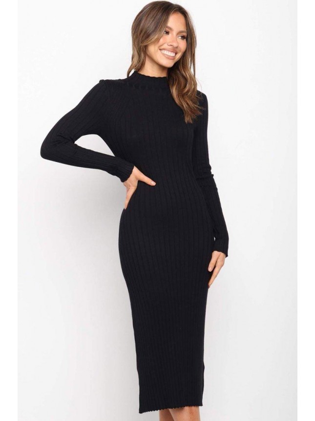 Ribbed Mock Neck Winter Midi Sweater Dress – Black