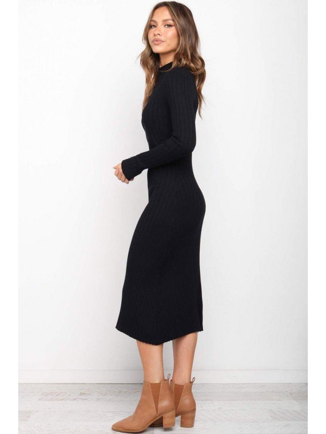 Ribbed Mock Neck Winter Midi Sweater Dress – Black