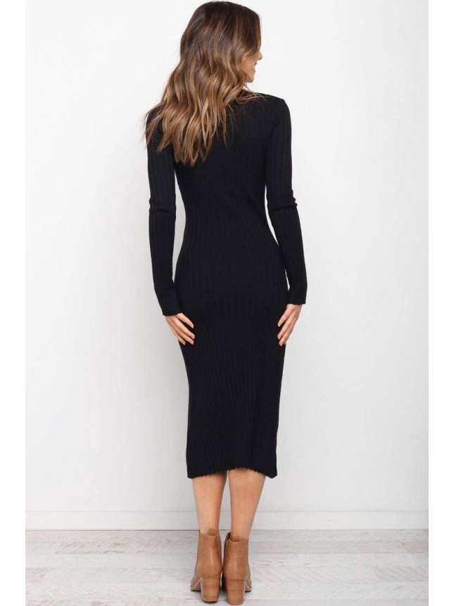 Ribbed Mock Neck Winter Midi Sweater Dress – Black