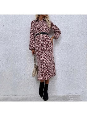 Cherry printed red long dress lad long sleeve single row shirt dress