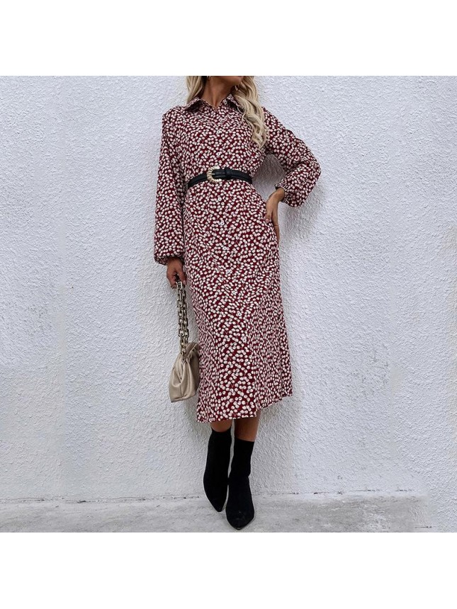 Cherry printed red long dress lad long sleeve single row shirt dress