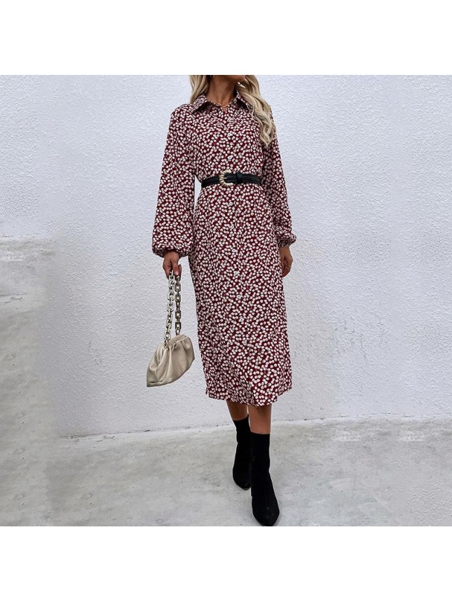 Cherry printed red long dress lad long sleeve single row shirt dress