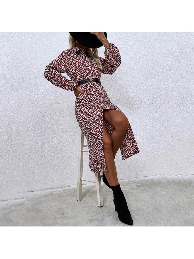 Cherry printed red long dress lad long sleeve single row shirt dress
