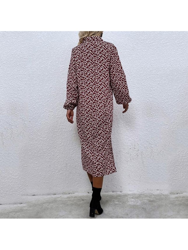 Cherry printed red long dress lad long sleeve single row shirt dress