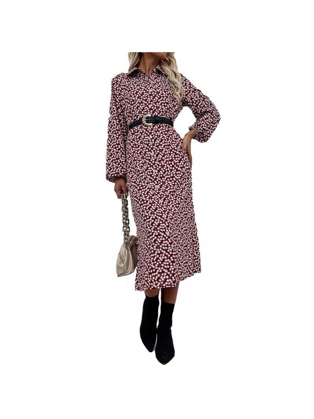 Cherry printed red long dress lad long sleeve single row shirt dress