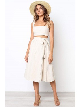 Casual Shirred Back High Waist Midi Two Piece Dress – Cream
