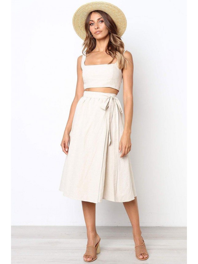 Casual Shirred Back High Waist Midi Two Piece Dress – Cream