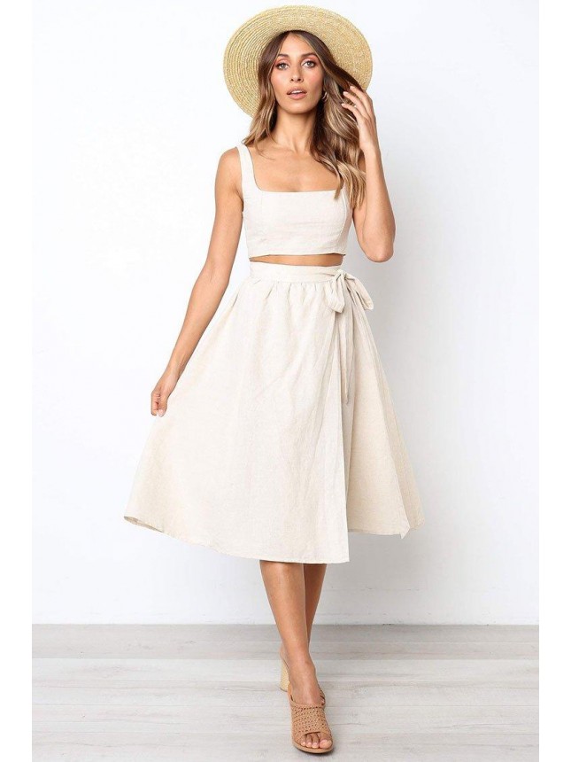 Casual Shirred Back High Waist Midi Two Piece Dress – Cream