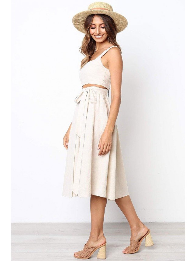 Casual Shirred Back High Waist Midi Two Piece Dress – Cream