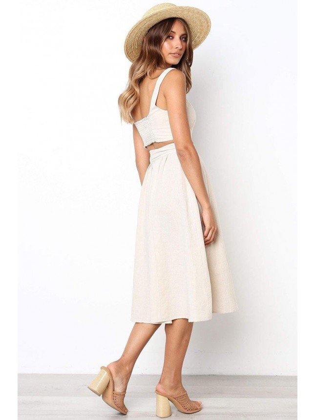 Casual Shirred Back High Waist Midi Two Piece Dress – Cream