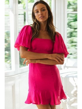 Puff Sleeve Square Neck Mini Dress – Hot Pink