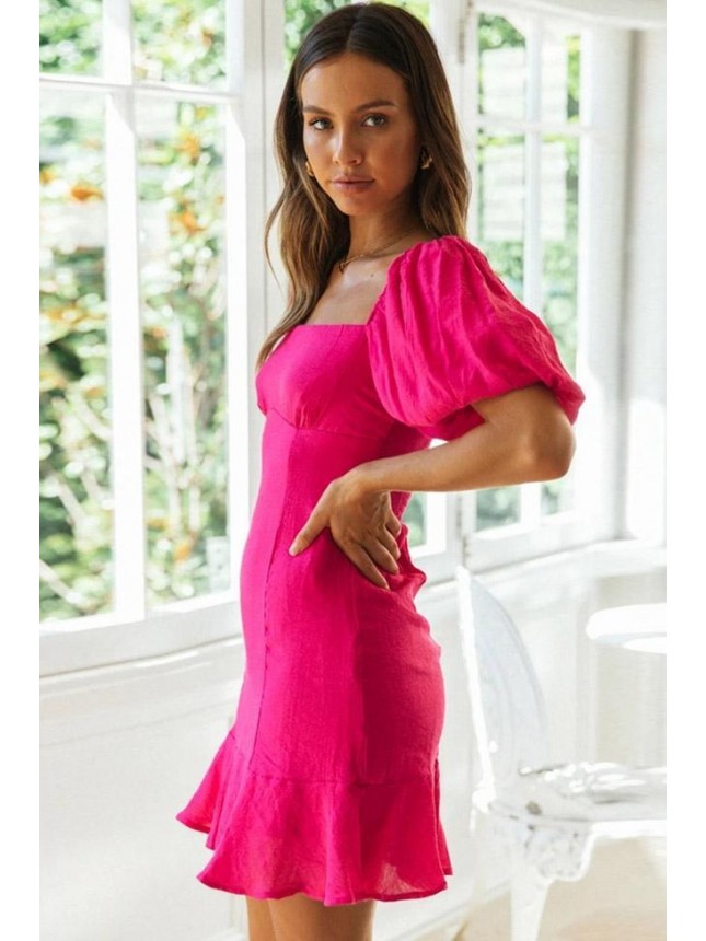 Puff Sleeve Square Neck Mini Dress – Hot Pink