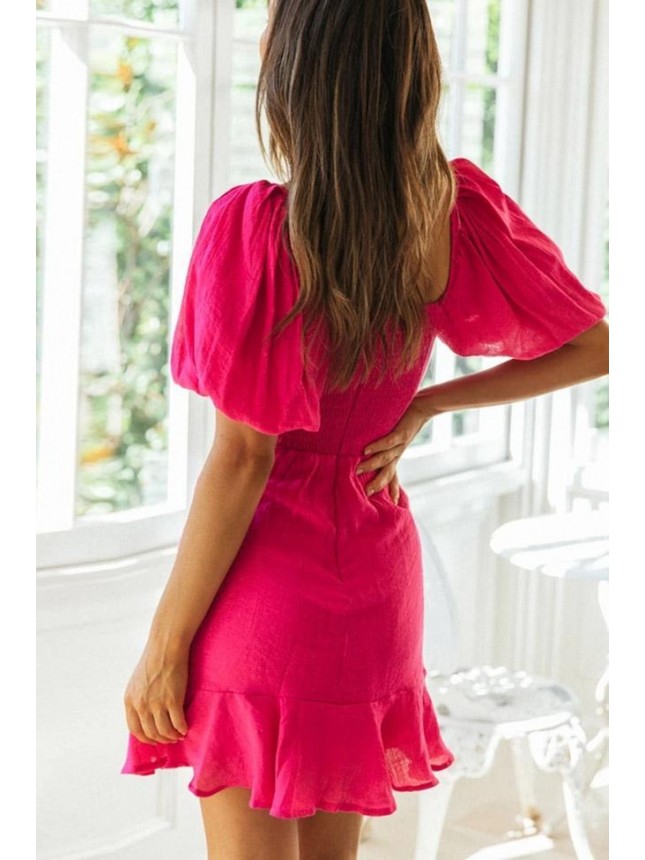 Puff Sleeve Square Neck Mini Dress – Hot Pink