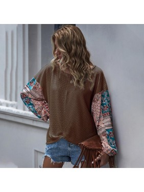 Printed stitching bat long sleeve Bohemian T shirt