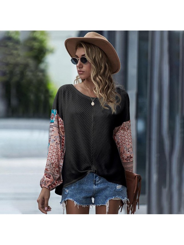 Printed stitching bat long sleeve Bohemian T shirt