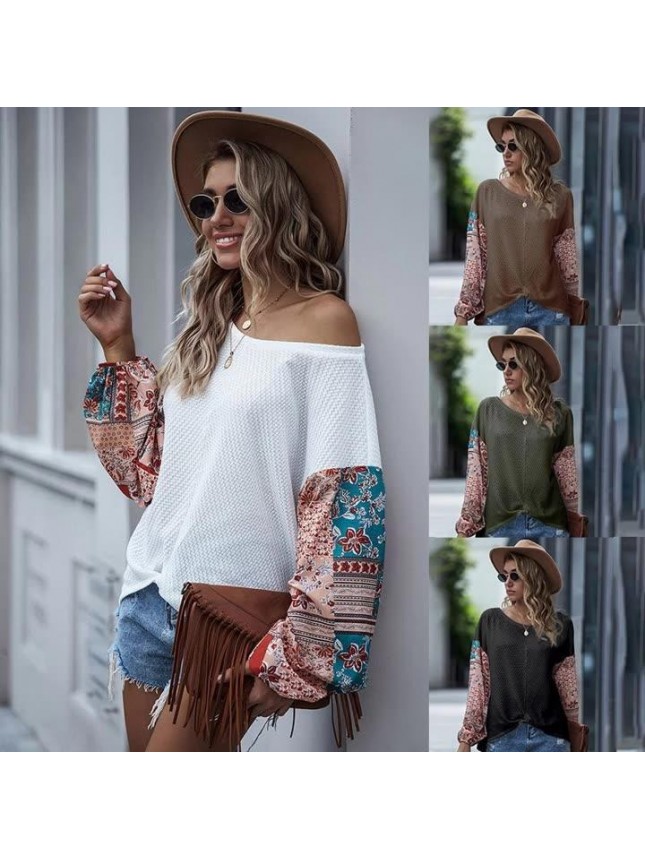 Printed stitching bat long sleeve Bohemian T shirt