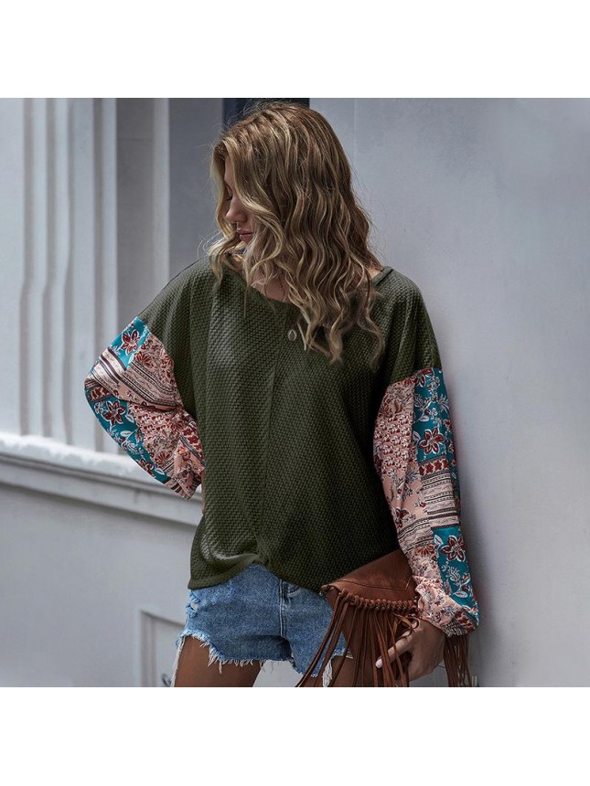 Printed stitching bat long sleeve Bohemian T shirt