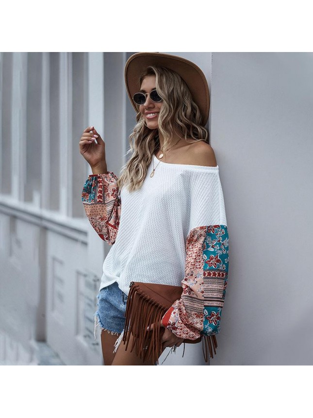 Printed stitching bat long sleeve Bohemian T shirt