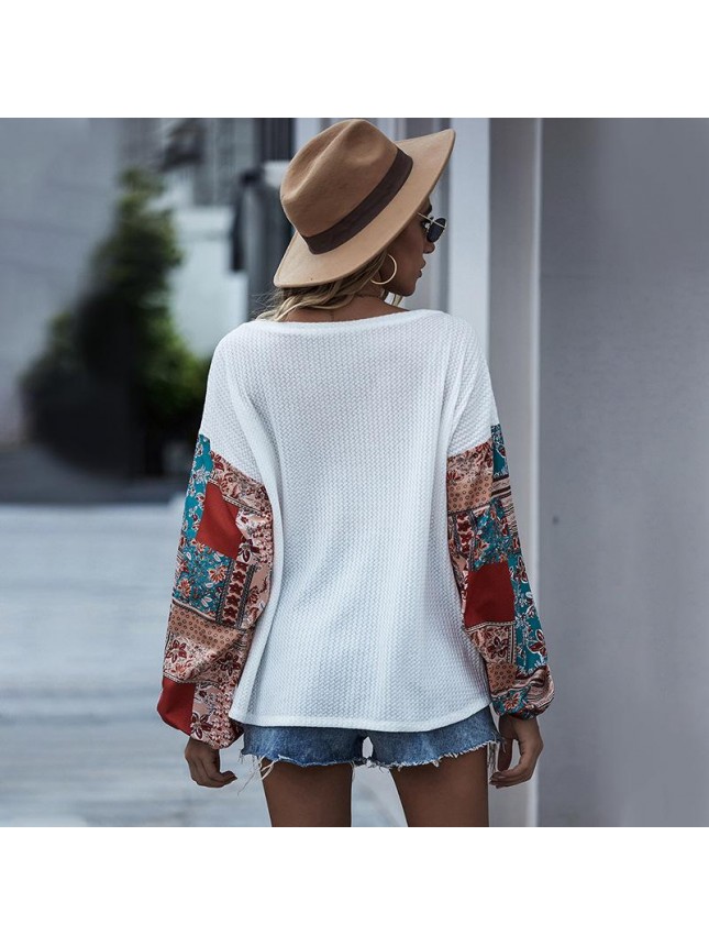 Printed stitching bat long sleeve Bohemian T shirt