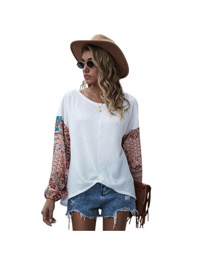 Printed stitching bat long sleeve Bohemian T shirt
