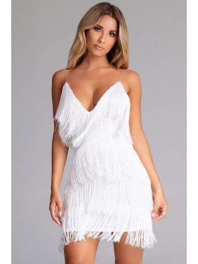 Flattering Fringe Spaghetti Strap Mini Flapper Dress – White