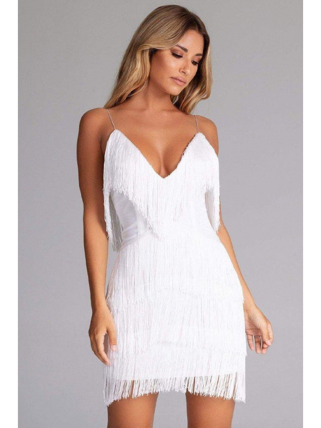 Flattering Fringe Spaghetti Strap Mini Flapper Dress – White