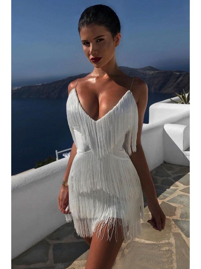 Flattering Fringe Spaghetti Strap Mini Flapper Dress – White