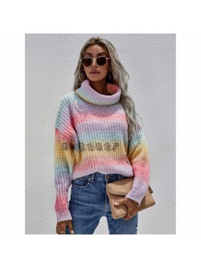 Striped knit high neck sweater rainbow sweater fashion outfits